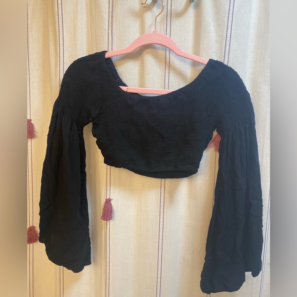 Cropped black long bell-sleeve boho top